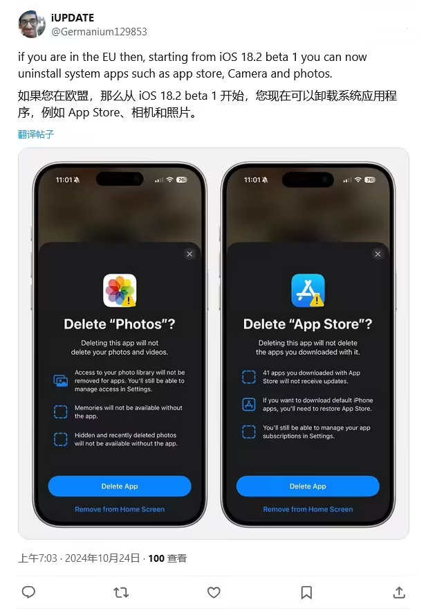 历下苹果手机维修分享iOS 18.2 支持删除 App Store 应用商店 