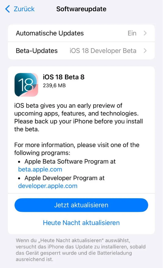 历下苹果手机维修分享苹果 iOS / iPadOS 18 开发者预览版 Beta 8 发布 